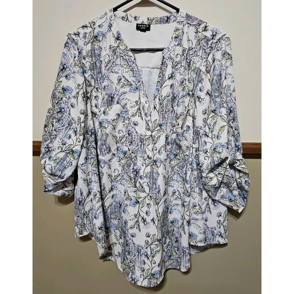 Torrid Harper Womens Floral Roll Tab Sleeve Split V-Neck Blouse Top Size 1